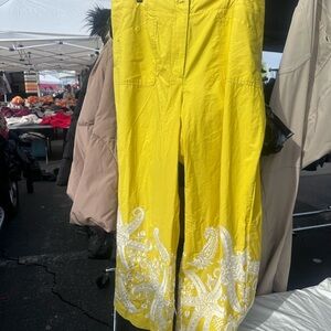 Anthropologie Yellow Wide-Leg Pants with White Embroidery